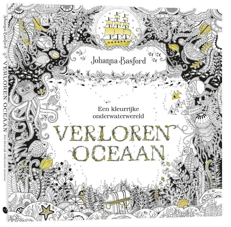 Dit is een johanna basford kleurboek verloren oceaan met gedetailleerde zwart-wit onderwatertekeningen met gele accenten voor een kleurrijke onderwaterwereld