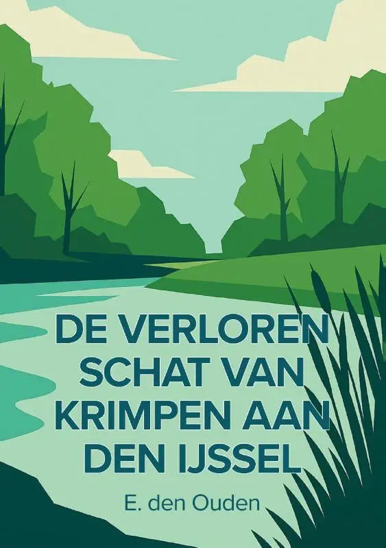 De verloren schat van krimpen aan den ijssel boekcover met heldere teal tekst en gestileerde groene heuvels en water