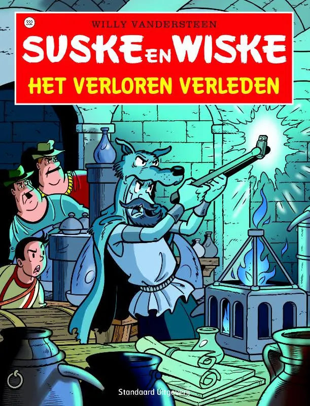 Blauwe wolfkarakter met blauwe cape en witte tuniek houdt vuurwapen vast in verloren verleden van willy vandersteen informatieve strips