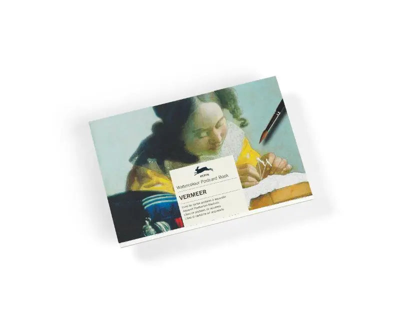 Een rechthoekig waterverfpapierblok met vermeer schildering van meisje in geel, ideaal voor watercolour postcard books