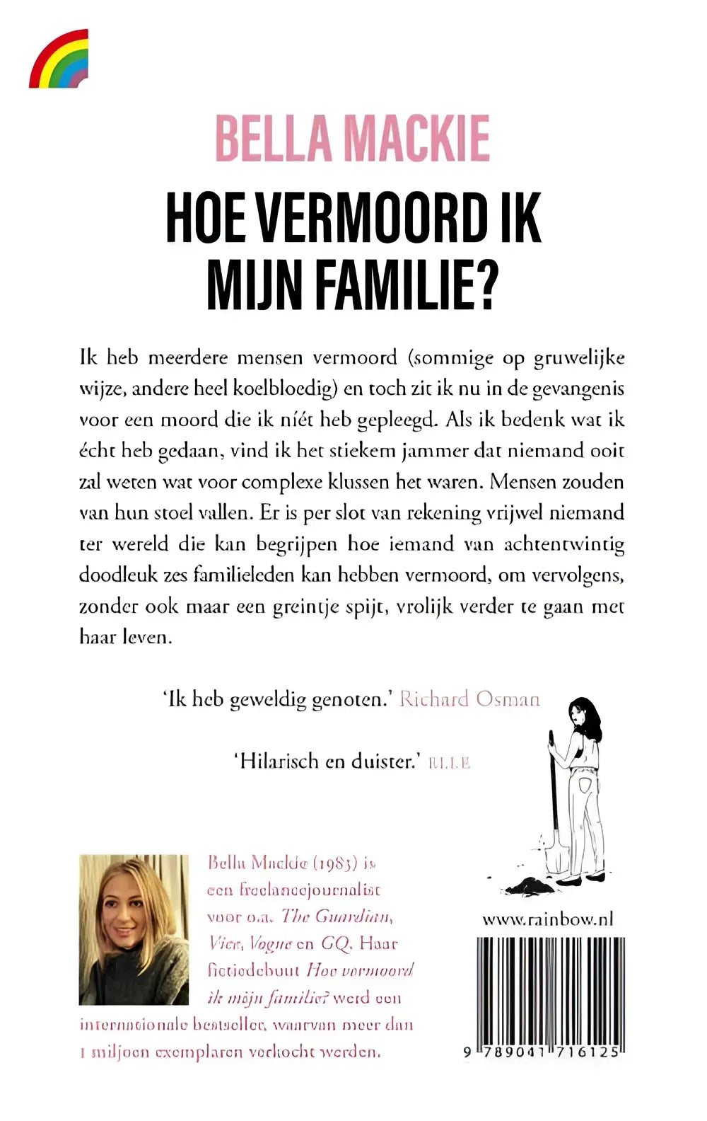 De achterzijde van de nederlandse paperback hoe vermoord ik mijn familie van bella mackie met zwarte humor en satirische thriller tekst