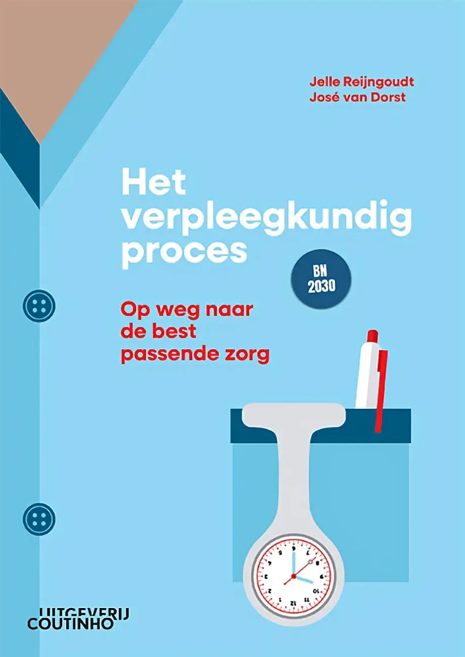 Lichtblauw boek cover van het verpleegkundig proces met witte verpleegoproepbel en illustraties voor passende zorg