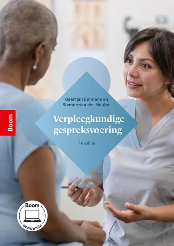 Blauw diamantvormig omslag van het vierde druk verpleegkundige gespreksvoering handboek door geertjan emmens en siemen van der meulen