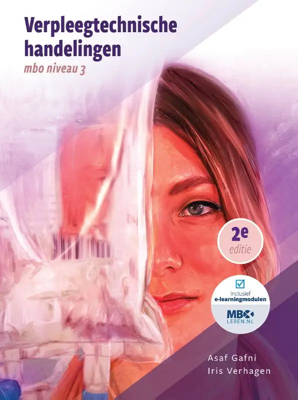 Paars-witte verpleegtechnische handelingen mbo niveau 3 studieboek met gestileerde illustratie van vrouw en auteurs asaf gafni en iris verhagen