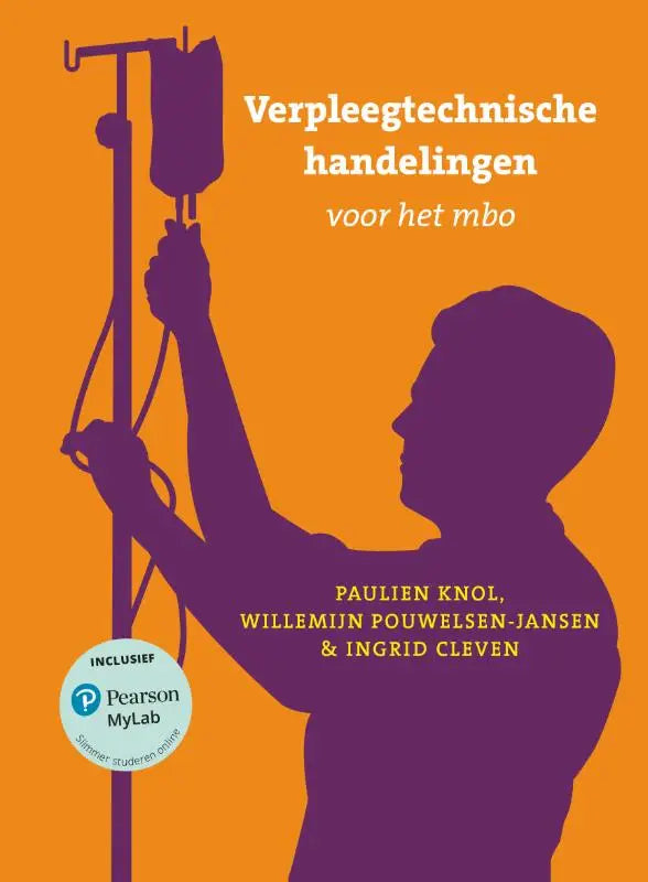 Paarse silhouet van een persoon die een iv-standaard afstelt tegen oranje achtergrond voor verpleegtechnische handelingen met mylab nl toegangscode