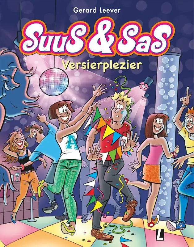 De levendige cover van het stripboek suus & sas versierplezier van gerard leever geschikt voor algemeen publiek