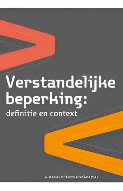 De cover van het boek verstandelijke beperking toont oranje en gele vormen op een donkergrijze achtergrond met witte titeltekst