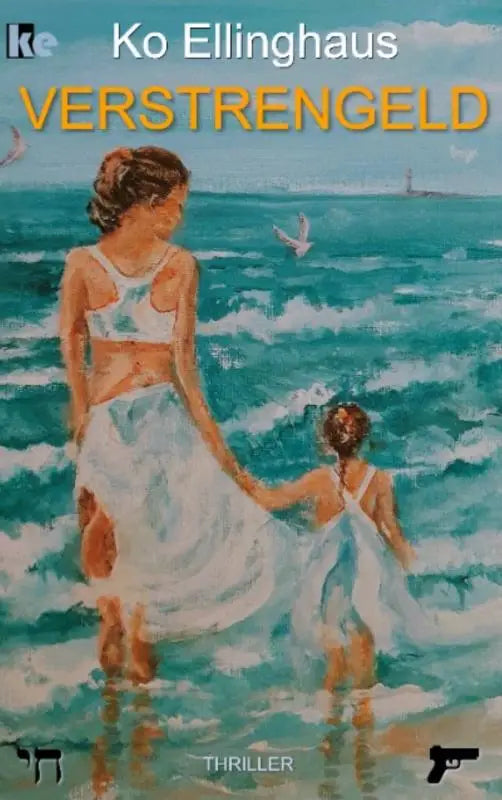 De boekomslag van verstrengeld toont een schilderachtige illustratie van een volwassene en kind in wit badkleding in turquoise oceaangolven