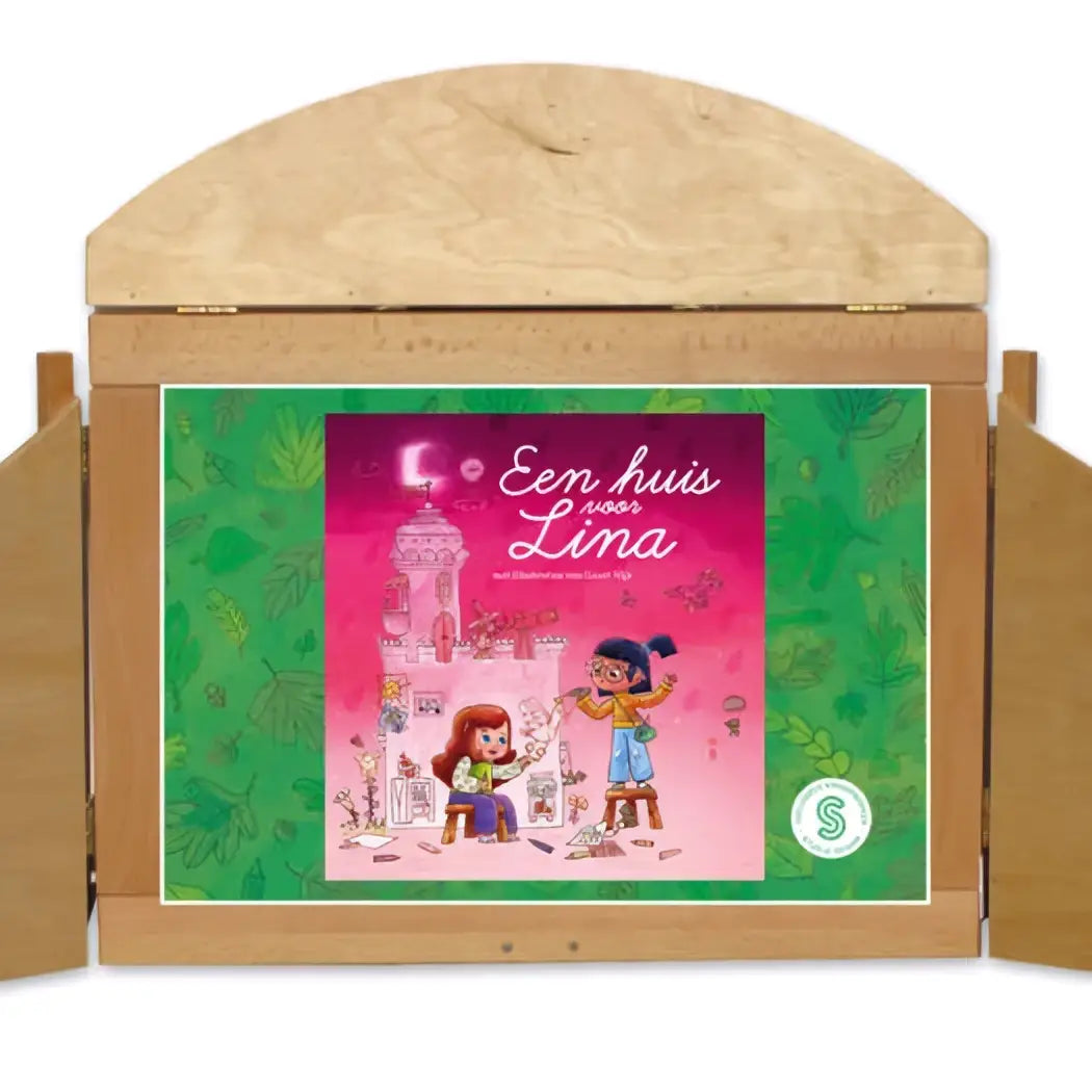 Houten boek met roze en groene omslag een huis voor lina uit de losbladige uitgave vertelplaten van studio sesam