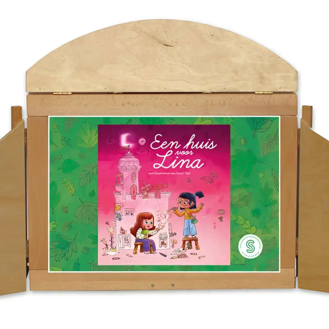 Houten kinderboek voor jonge lezers getiteld een huis voor lina met een kleurrijke roze en groene omslagillustratie