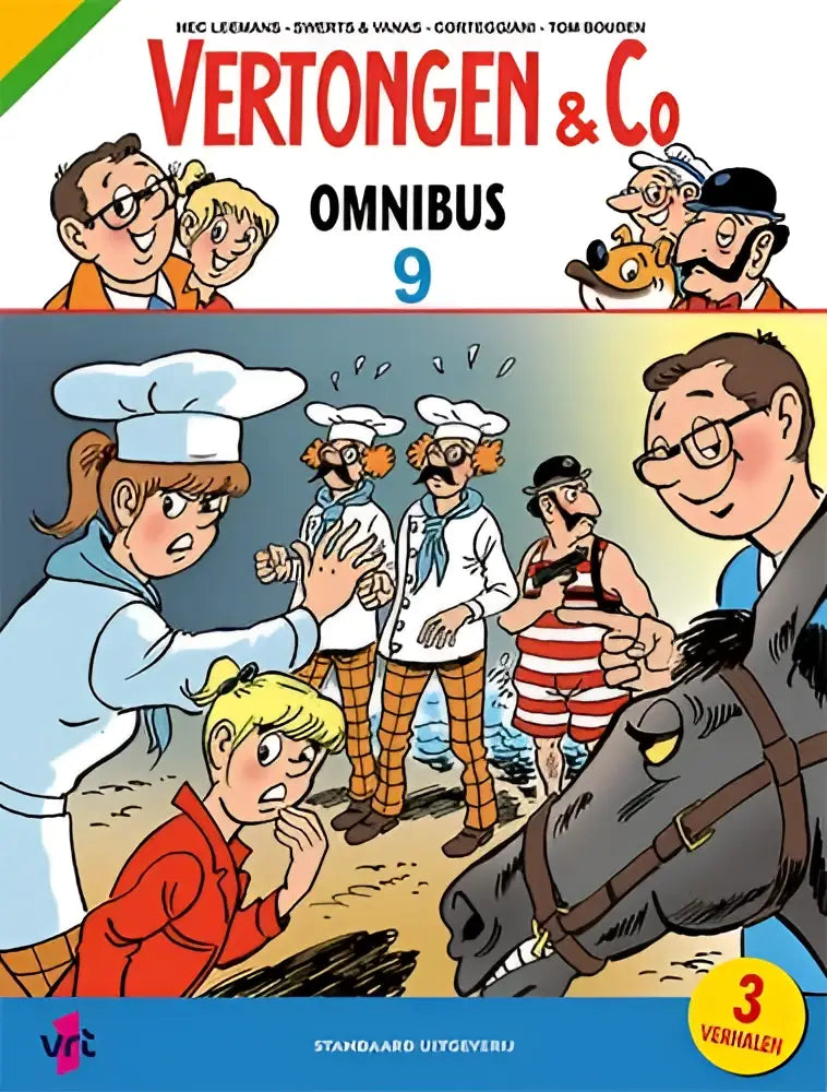 De cover van vertongen & co omnibus 9 comic boek toont cartoonfiguren op het strand met een chef en een paard