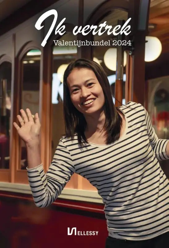 Een vrouw draagt een zwart-wit gestreept shirt met lange mouwen in ik vertrek valentijnbundel 2024