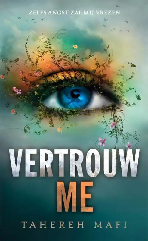 Verstrouw me product met een opvallende blauwe oogillustratie en bloemrijke ranken tegen een dromerige verlooplucht