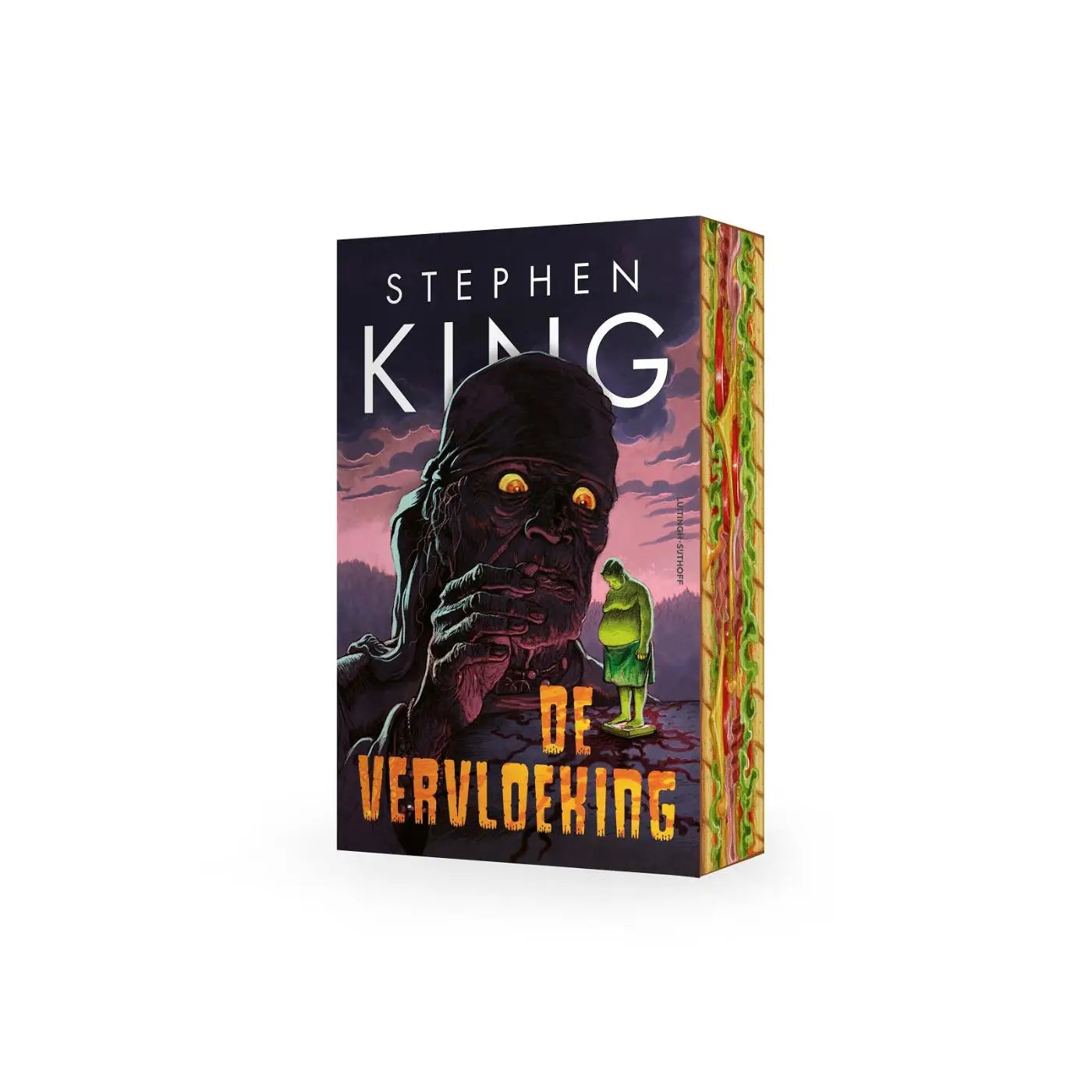 Boek de vervloeking van Stephen king met een donkere cover, gloeiende oranje ogen en een dreigend figuur tegen paarse lucht