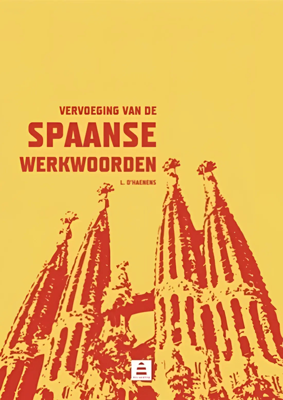Rode gestileerde illustratie van de torens van de sagrada família op gele achtergrond voor vervoeging van spaanse werkwoorden