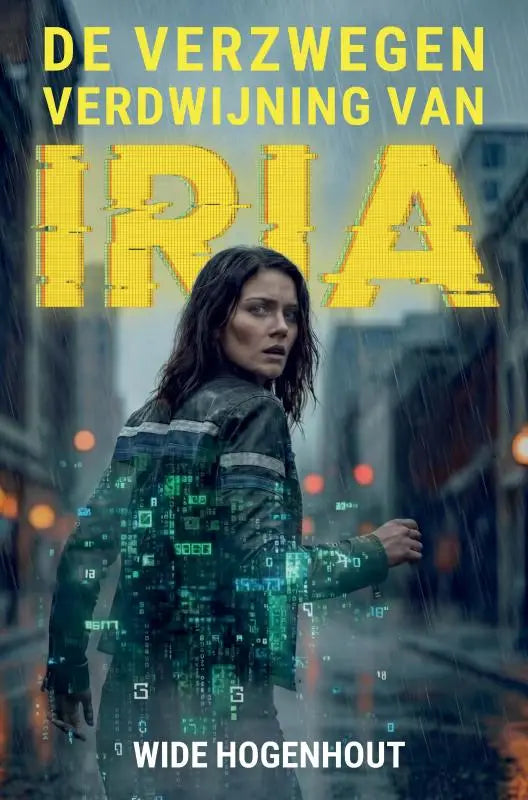 Vrouw in een donker regenjas met groene digitale code voor het boek de verzwegen verdwijning van iria