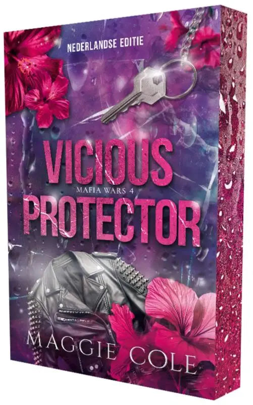 Paarse en roze glinsterende boekomslag met zilveren sleutel, hibiscusbloemen en leren jack voor vicious protector maggie cole mafia wars