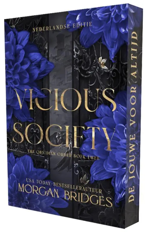 Donkerblauwe en zwarte hardcoverboek met gouden foliedruk en bloemmotief op de omslag genaamd vicious society door morgan bridges