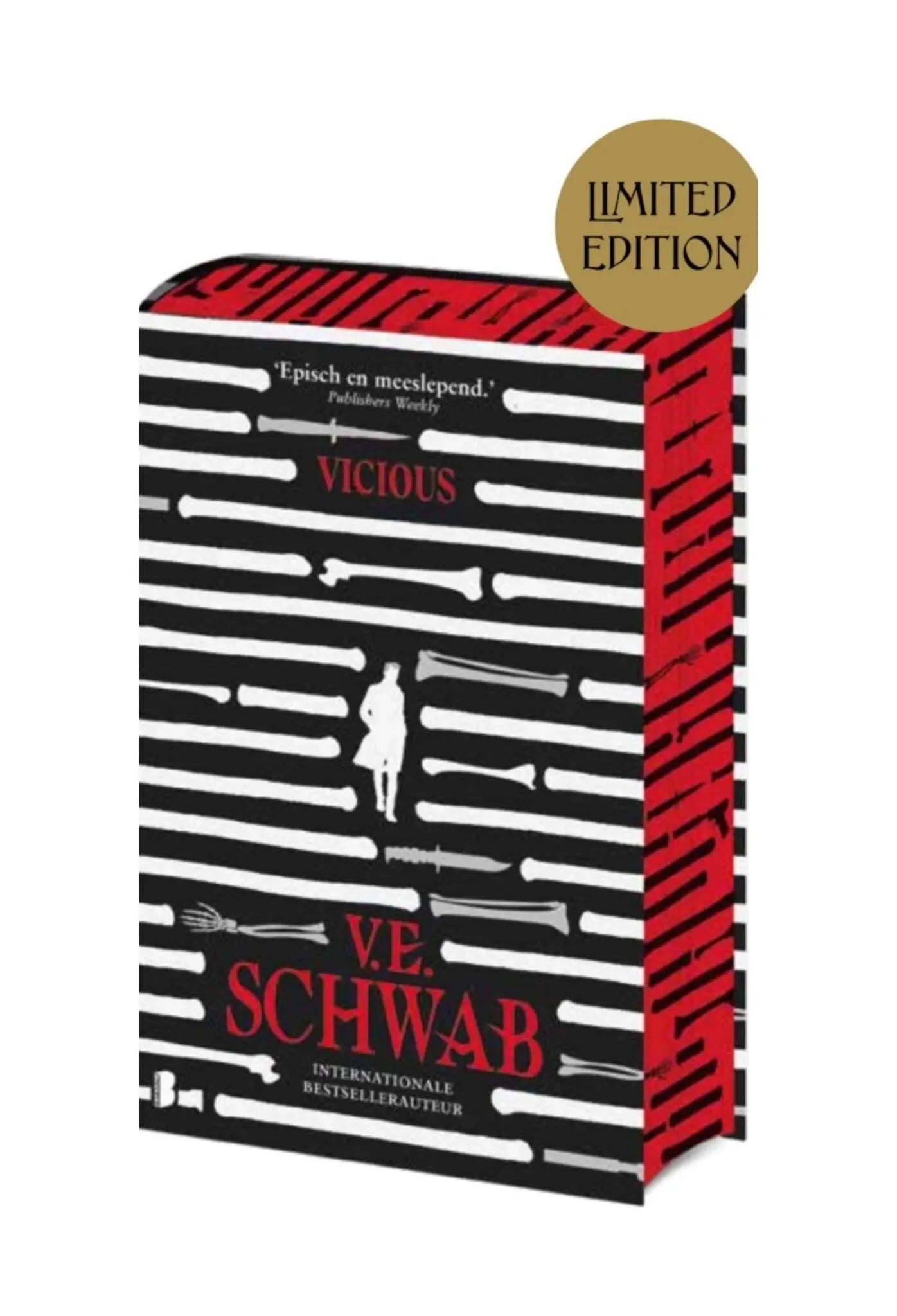 Limited edition hardcover dark fantasy boek vicious van v e schwab met rood zwarte strepen en witte silhouetillustratie