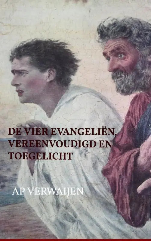 De boekcover van vier evangeliën vereenvoudigd toont een klassieke schilderij van twee mannen in gewaden