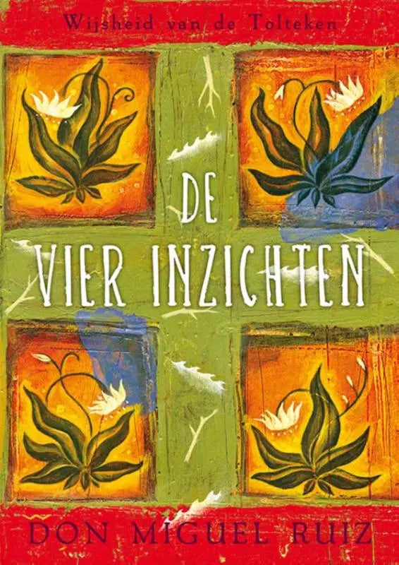 De vier inzichten boek met een handgeschilderd omslag in oranje en blauw met gestileerde groene bladeren