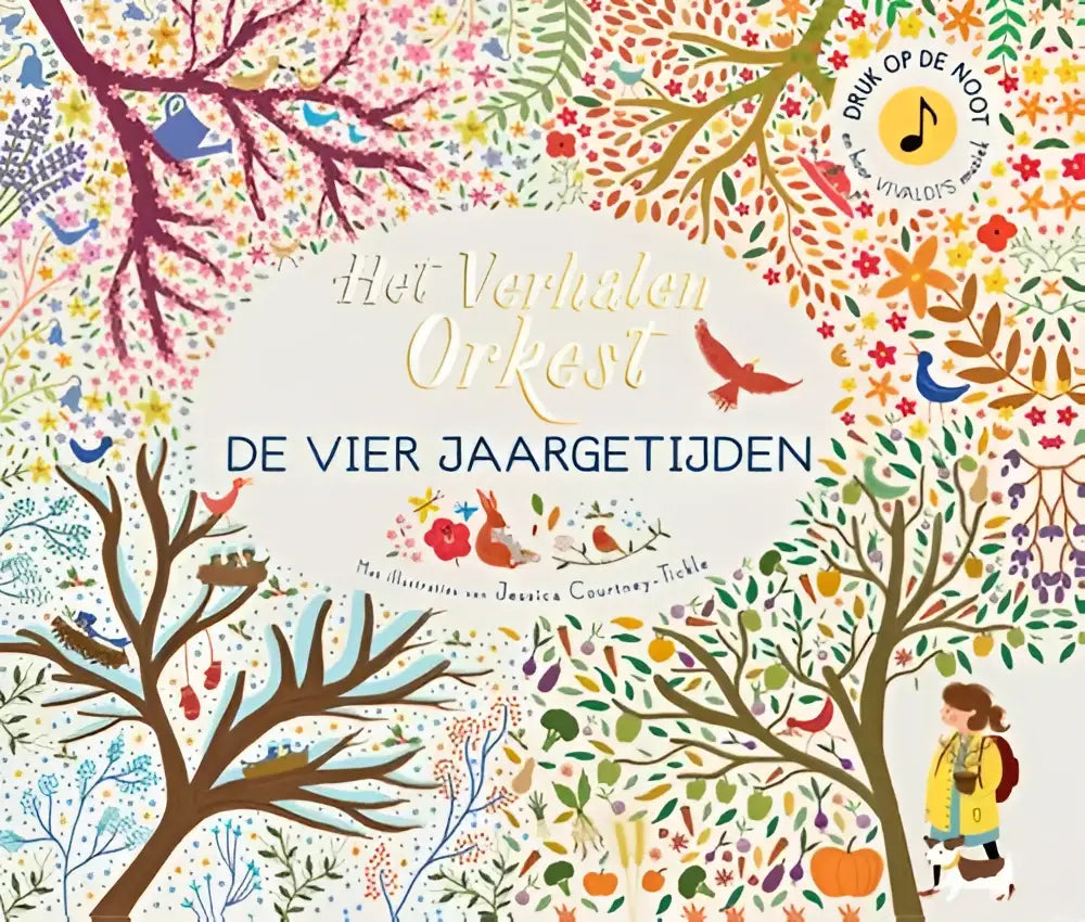 Kleurrijke nederlandstalige hardback kindersboekcover de vier jaargetijden door jessica courtney-tickle met bloemen en dieren