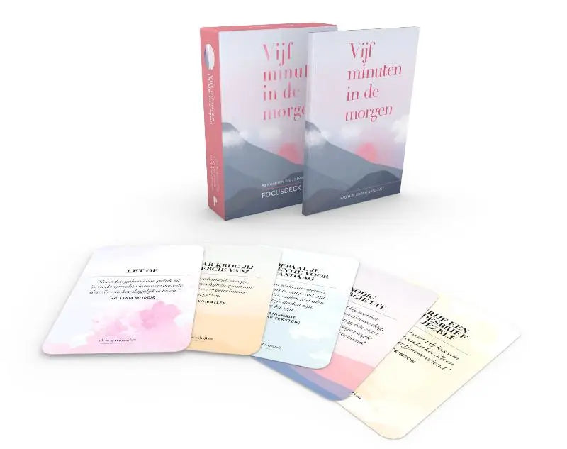 Minimalistische set van twee boeken met zachte roze en grijze kaften vijf minuten in de morgen focusdeck voor dag veranderen