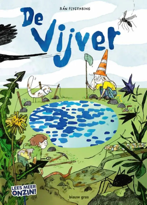 Blauwe geïllustreerde kinderboekcover de vijver door rán flygenring met een speelse buiten scène voor jonge lezers