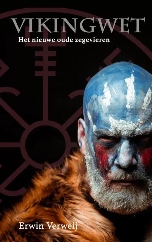 De boekcover van vikingwet toont een viking met blauwe en witte schmink en een oranje bontkraag bij nieuwe oude zegevieren