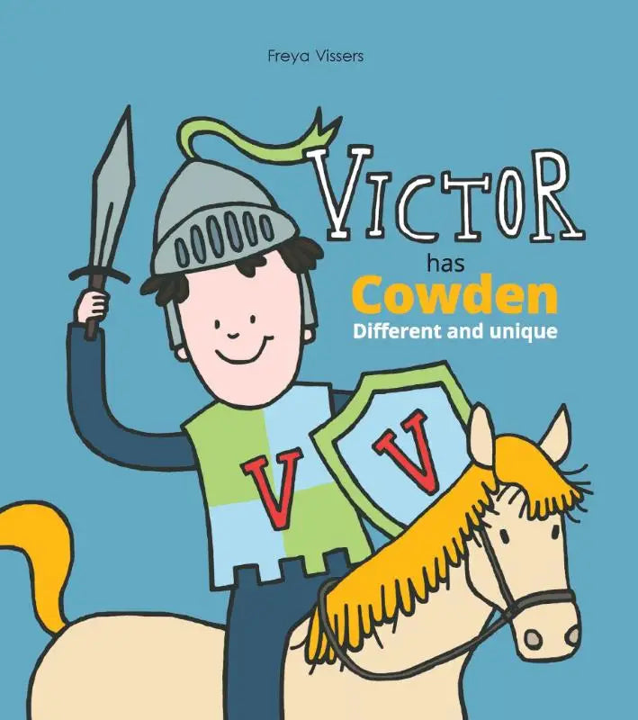 De boekcover van viktor has cowden toont een vrolijke cartoonridder in groenblauw harnas te paard als anders en uniek product