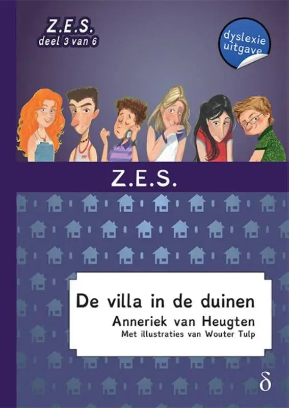 Paars boekomslag met cartoonillustraties van zes kinderen en de titel de villa in de duinen van anneriek van heugten