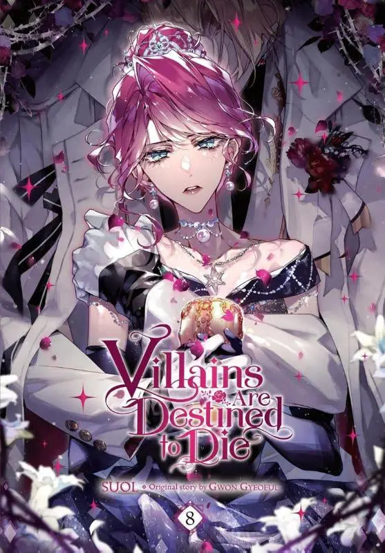 Fantasyillustratie van jonge vrouw met roze haar en sieraden in zwart-wit jurk voor villains are destined vol 8