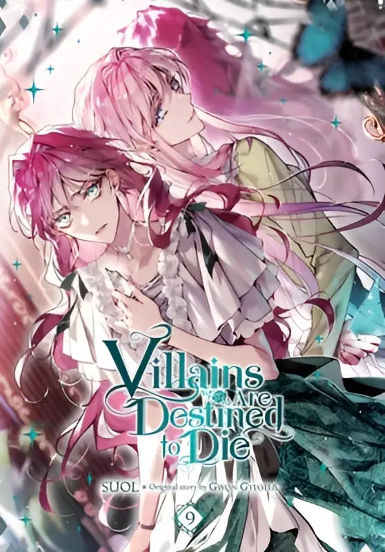 De cover van de manga villains are destined to die volume 9 toont twee animepersonages met roze haar en groene jurken