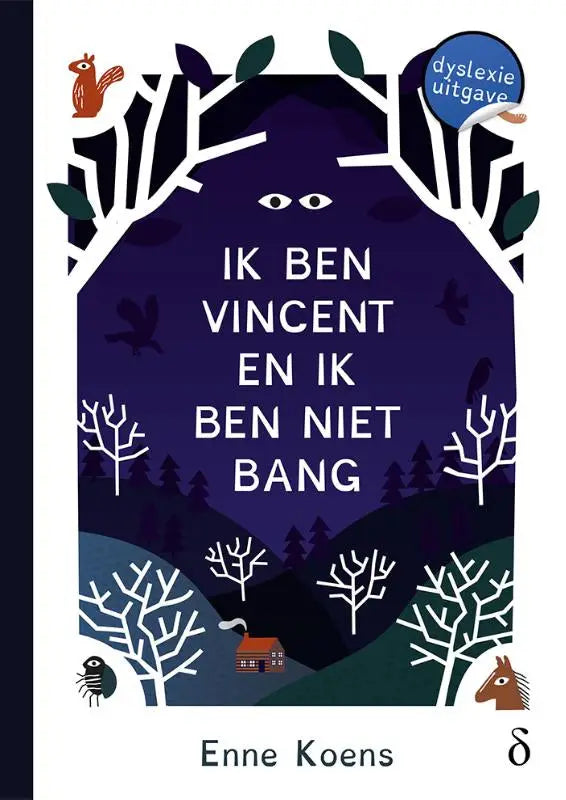 Donkerpaarse boekomslag met witte geïllustreerde bomen ogen en dieren rondom de titel ik ben vincent en ik ben niet bang van enne koens