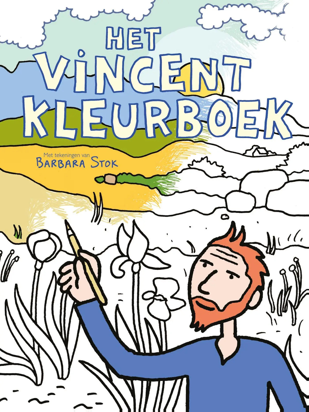 De cover van het vincent kleurboek toont een illustratie van een man met rood haar en baard die een potlood vasthoudt tegen een gestileerd landschap