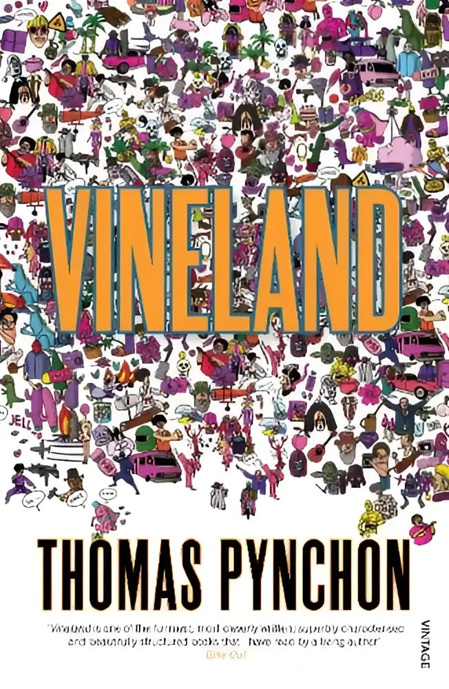 Cover van het boek vineland door thomas pynchon met levendige vintage classics illustratie en spannende fictie thema’s