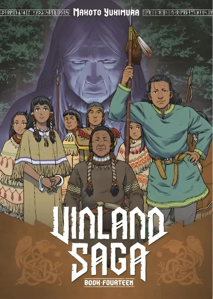De cover van vinland saga 14 manga toont norse personages in traditionele kleding tegen een bosrijke achtergrond
