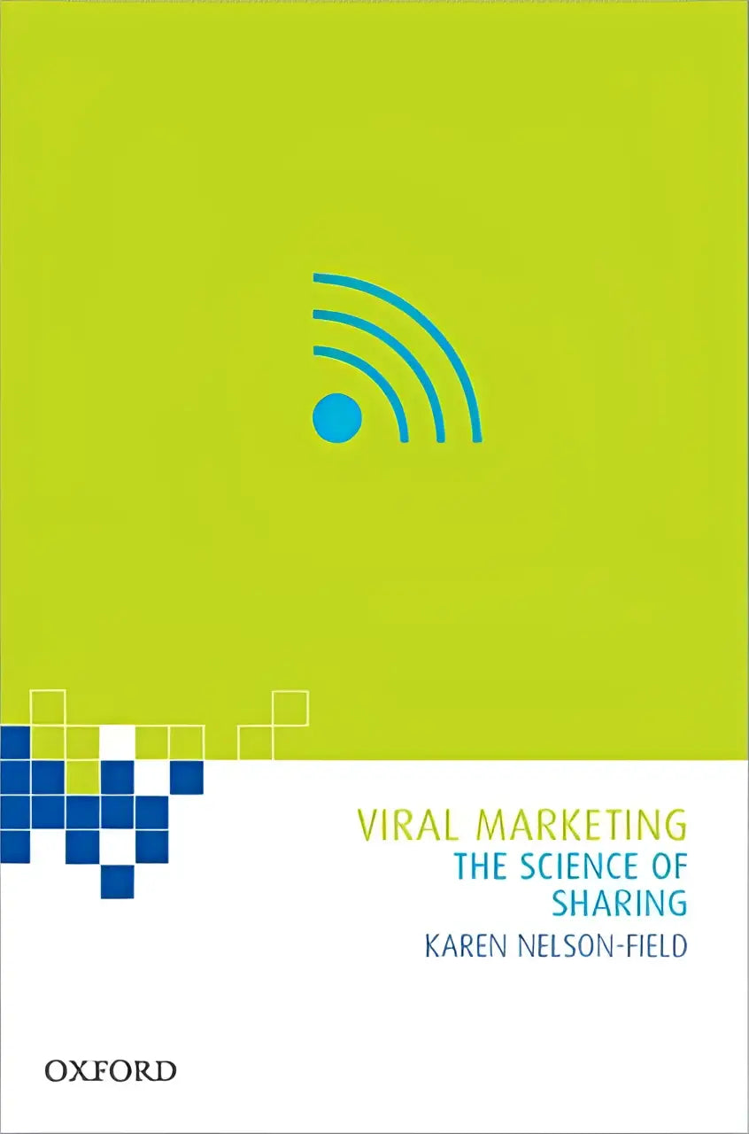 Lime groene en witte boekomslag met blauwe wifi-pictogram van viral marketing the science door karen nelson-field van ehrenberg-bass institute