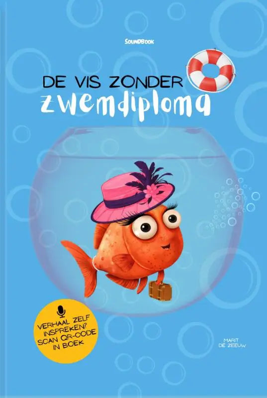 Illustratie van een oranje cartoonvis met roze hoed en koffer op de cover van de kinderen soundbook de vis zonder zwemdiploma voor jonge lezers