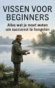 De boekcover vissen voor beginners toont mensen hengelend bij een rustige meer met duidelijke titel en ondertitel