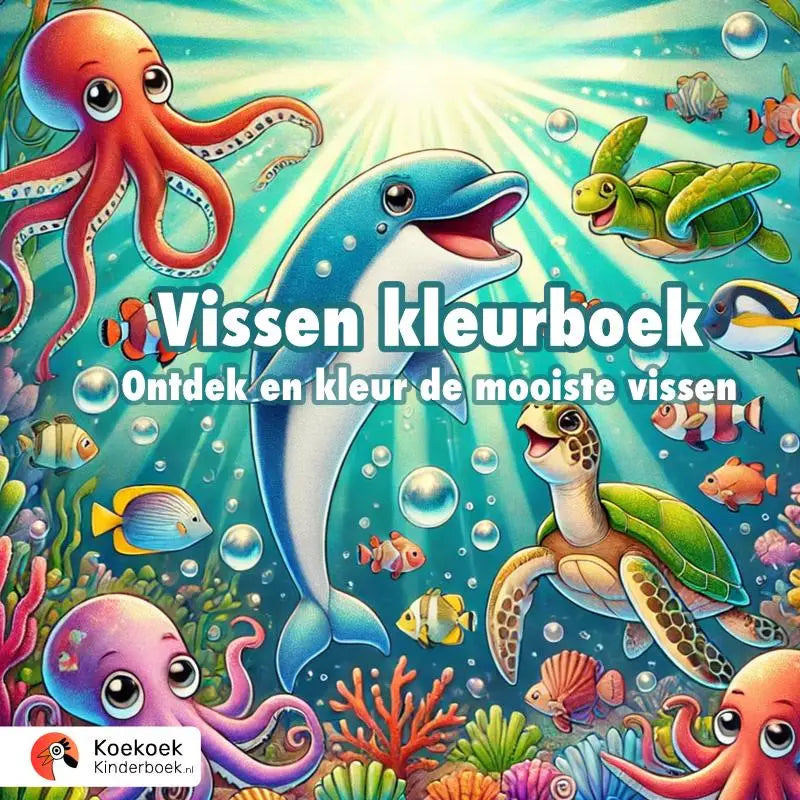 Vissen kleurboek voor kinderen met een vrolijke blauwe dolfijn, kleurrijke octopussen en zeeschildpadden voor jonge lezers