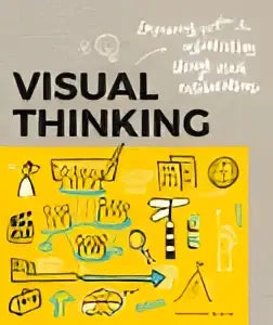 De cover van het boek visual thinking van willemien brand bij bis publishers heeft een gele achtergrond met zwarte en witte doodles