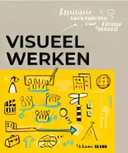 De cover van het boek visueel werken van willemien brand bij bis publishers heeft een gele achtergrond met zwarte lijntekeningen
