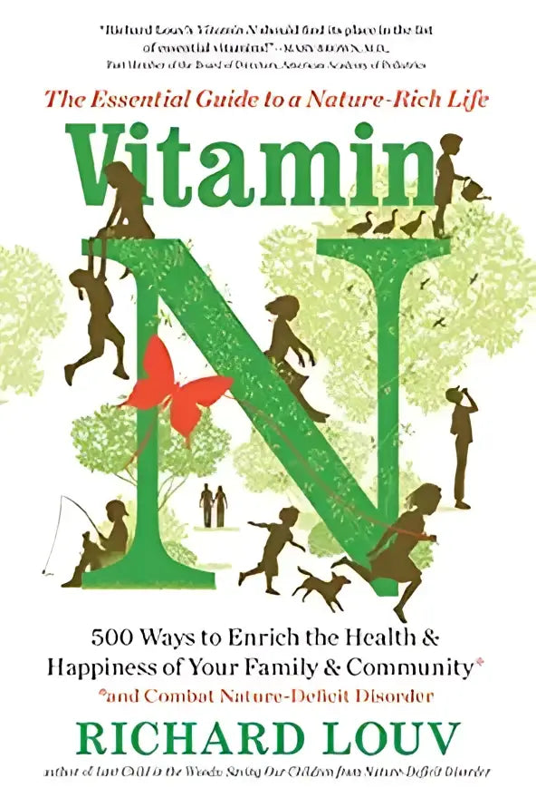 Boekomslag van vitamin n met een groene n en silhouetten van mensen die buitensporten en natuuractiviteit tonen
