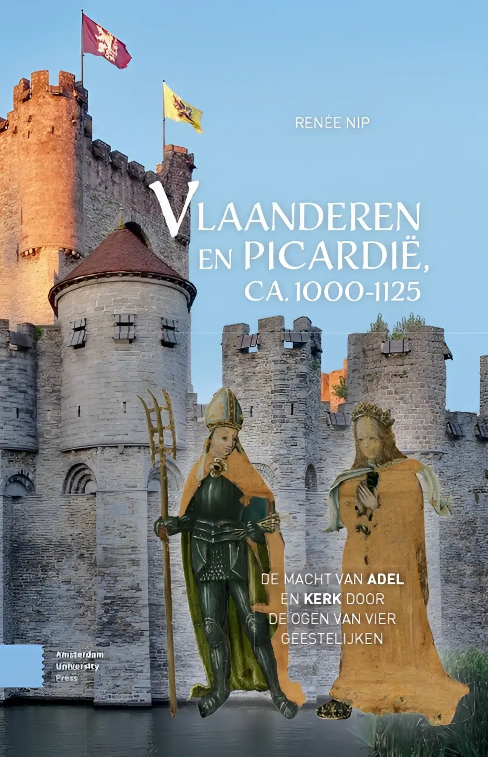 Het boek Vlaanderen en Picardië toont een stenen kasteel met rode en gele vlaggen en behandelt vier geestelijken
