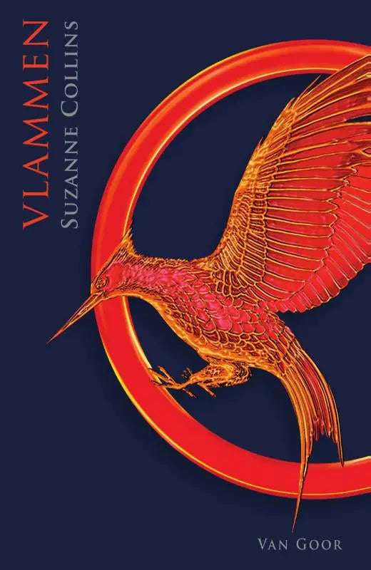 De cover van vlammen toont een gestileerde vlam-vogel in roodgouden tinten tegen een diepe marineblauwe achtergrond van suzanne collins