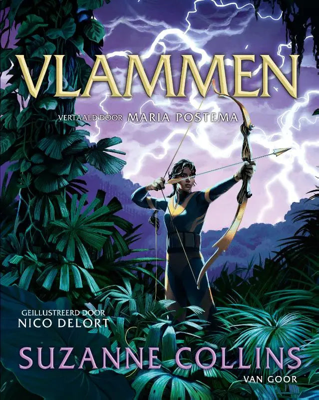 De omslag van de nederlandse editie van vlammen van suzanne collins toont gouden letters en een paars bliksemhemel