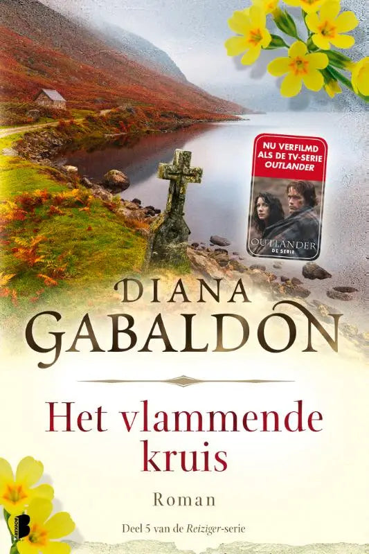 Het vlammende kruis boek omslag met verweerde steen kruis en mos bij een rustige meer in een ruig schots landschap