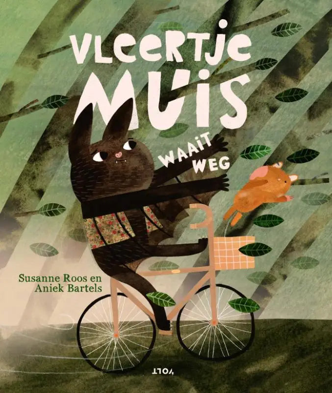 Donkerbruine geïllustreerde vleertje muis op fiets met oranje geruite mand en springende oranje muis voor jonge lezers