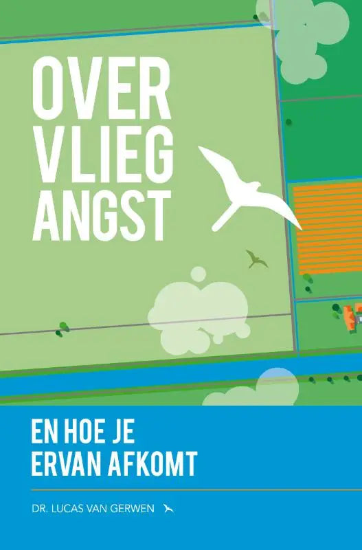 Boek over vliegangst met groenblauwe omslag en witte tekst, met gestileerde vogels en wolken,afkomt centraal thema